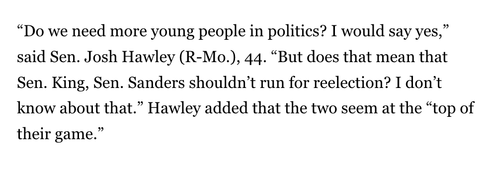 In which Josh Hawley says two elderly members of the other party are at the 'top of their game.' via @UrsulaPerano politico.com/news/2024/05/1…
