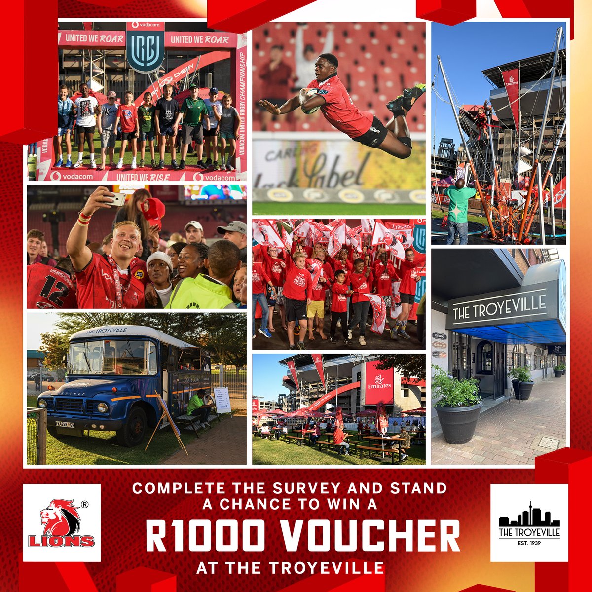 Lions fans, we want to hear from YOU! Complete our matchday experience survey and you could WIN a R1000 voucher to spend at the Troyeville! 🦁

Click the link to complete the survey now: bit.ly/3yhn9I9

#LionsPride🦁