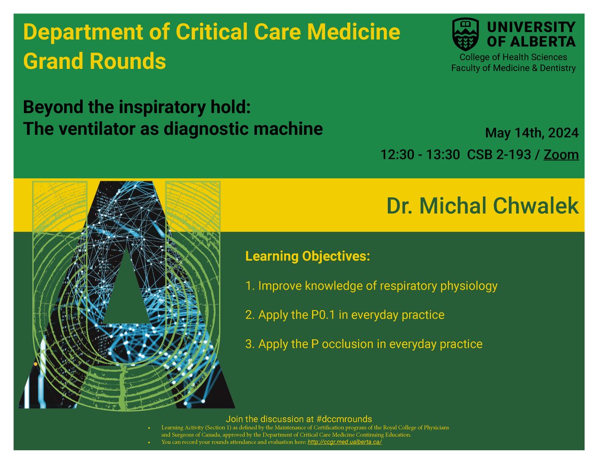 Please plan to join us Tuesday May 14 for Critical Care Medicine Grand Rounds. Dr. Michal Chwalek will be presenting 'Beyond the inspiratory hold: The ventilator as diagnostic machine' #dccmrounds