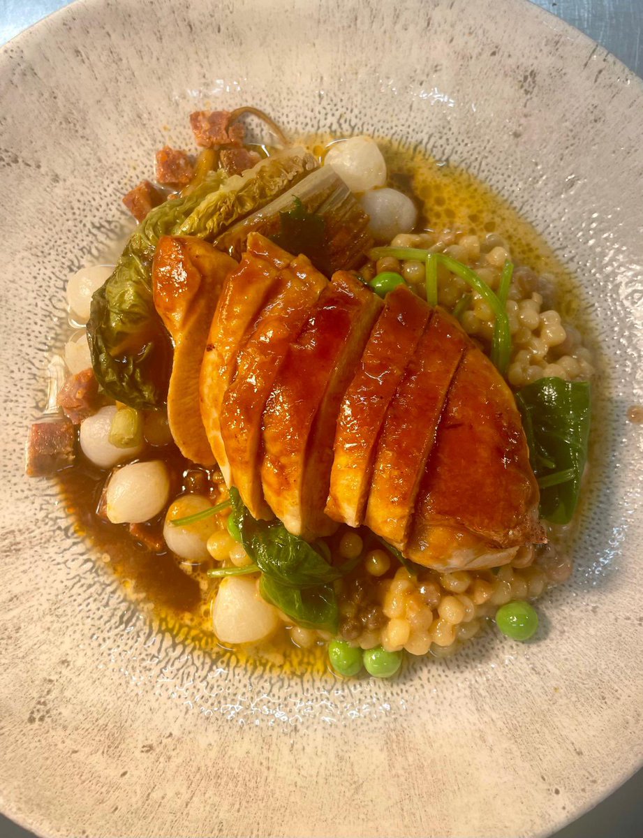 Chicken. Fregola, chorizo, thyme jus