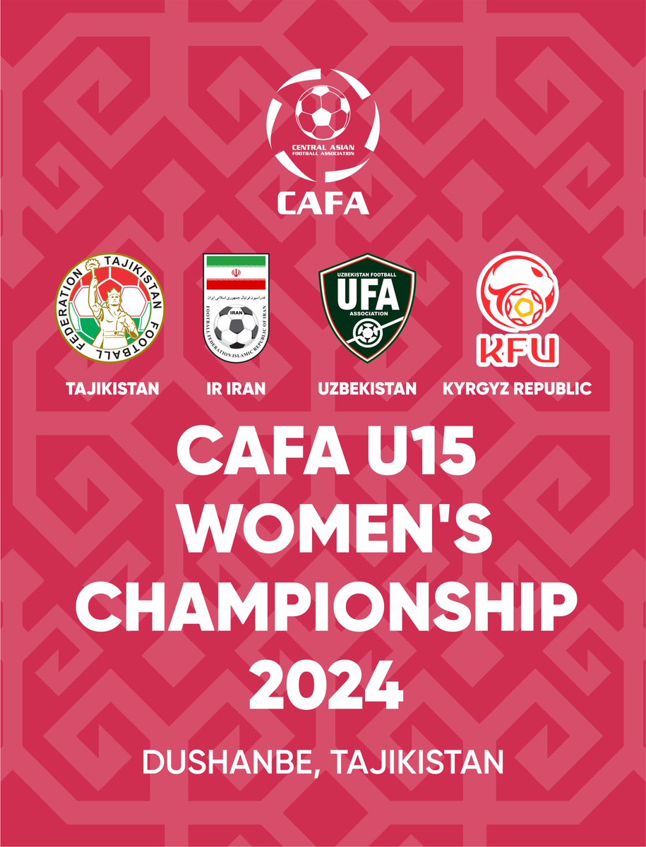 The CAFA U15 Women's Championship 2024 is just around the corner! 🏆 
 
🗓️ Dates: May 21-25 
📍 Location: Dushanbe, Tajikistan 
👟 Teams: 🇮🇷🇰🇬🇺🇿🇹🇯

#CAFA #CAFAU15W #football #unity #development