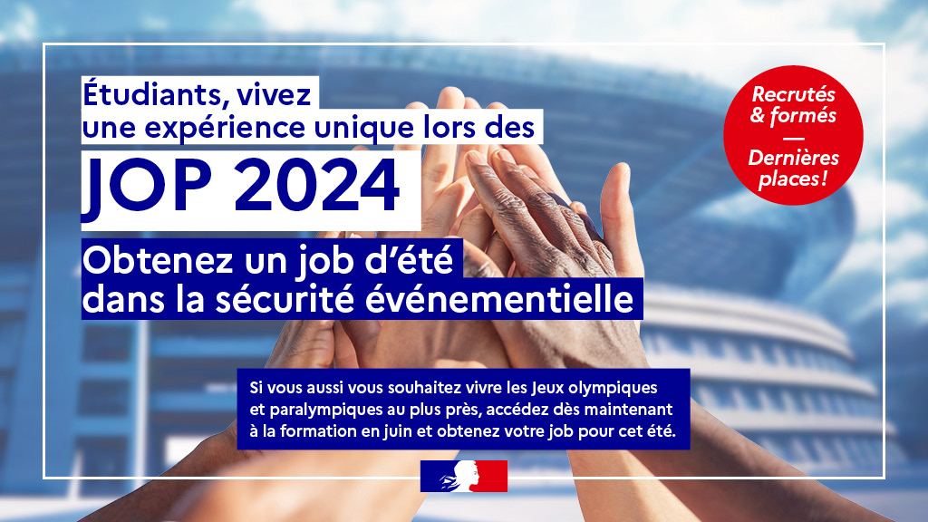 #MondayMotivation 💼 | Cet été, l'État recrute des étudiants et jeunes de plus de 18 ans dans les métiers de la sécurité événementielle pour les #JOP2024. ✅ Une formation gratuite et indemnisée de 3 semaines ✅ Indemnités et primes ℹ️ Plus d'infos : francetravail.fr/actualites/le-…