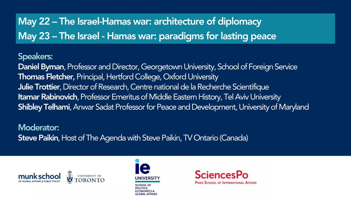 Join the Munk School on May 22 and May 23 for two interactive sessions on the Israel - Hamas war Register now May 22: bit.ly/4bBHLJy May 23: bit.ly/4aozxDj