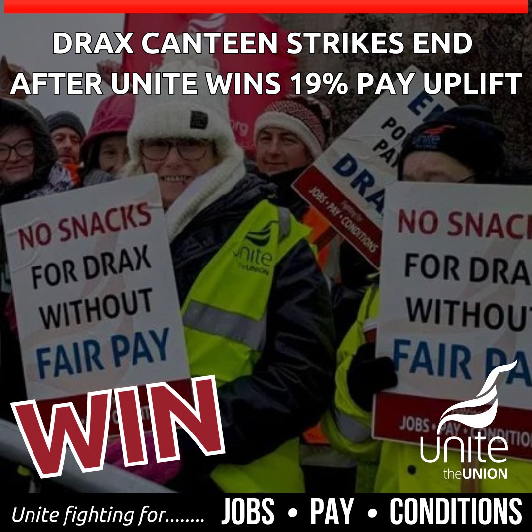 Long running strikes by @DraxGroup canteen workers employed by @BaxterStorey have ended after Unite secured a 19% pay uplift. This is equivalent to a pay rise of up 19.2& from 1 January for the predominantly female workforce. #JobsPayConditions Read more: unitetheunion.org/news-events/ne…