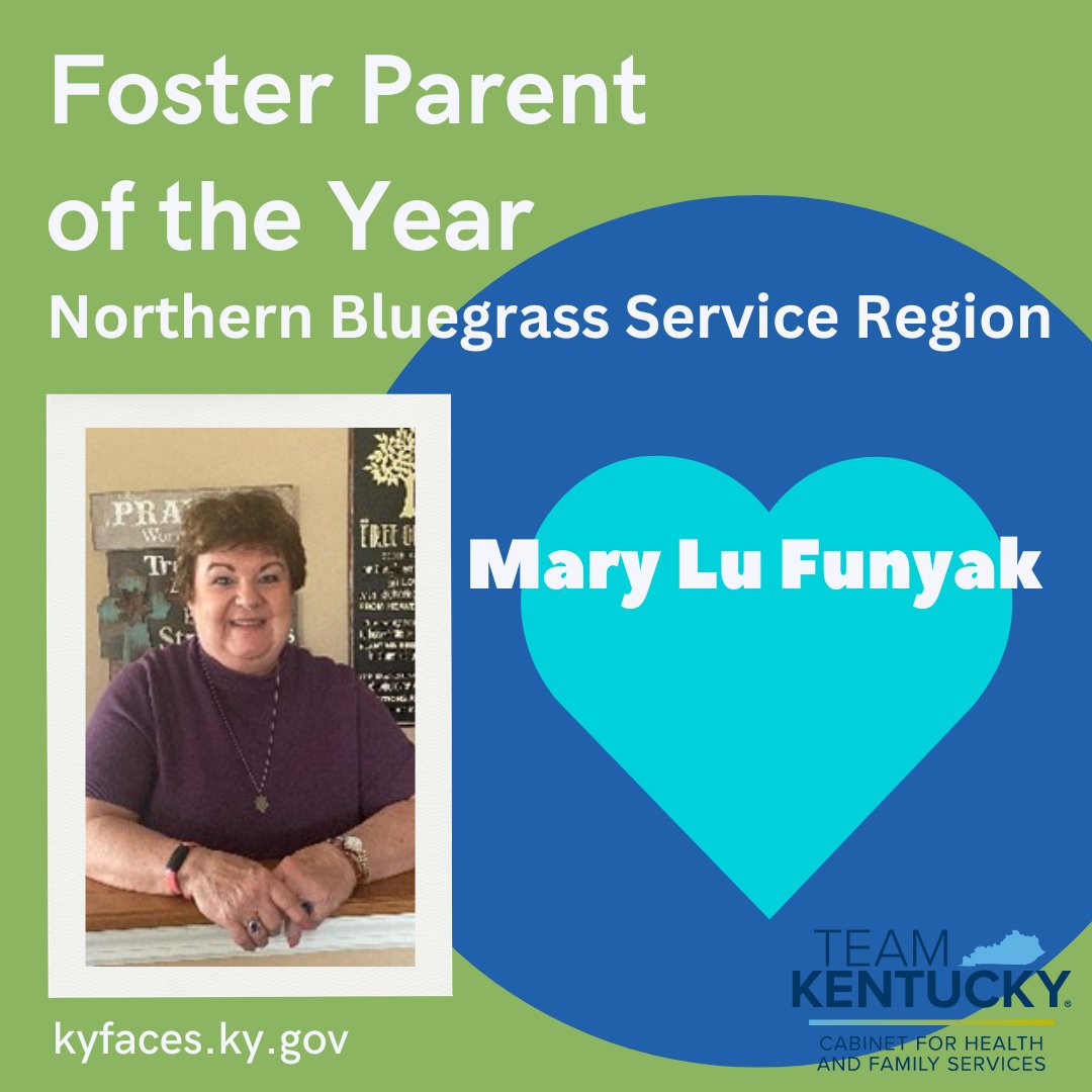Congrats to Mary Lu Funyak, Northern Bluegrass Service Region Foster Parent of the Year! Thank you, Mary Lu, for your love, care and devotion! Read more re: Ms. Funyak's service at tinyurl.com/bddnpuj5. Learn more about being a foster parent, visit kyfaces.ky.gov