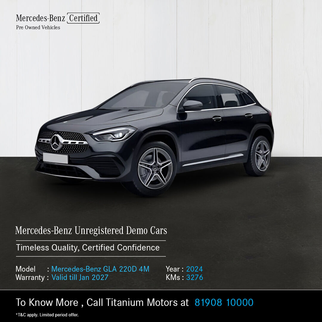 Experience Mercedes-Benz Demo Cars: Timeless luxury, certified confidence. Unmatched elegance and performance await.

*T&C Apply

To Know More, Call Titanium Motors at 8190810000.

#MercedesBenzCertified  #CertifiedConfidence #DemoCarDeals #TitaniumMotors #VSTGroup #Chennai