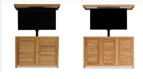Two Sizes to Fit Your TV -- Weatherproof Touchstone TechTeak® Outdoor TV Lift Cabinets Easily upgrade your patio or pergola with the plug and play TechTeak® outdoor TV lift cabinet collection. The weatherproof teak wood cabinet arrives fully assembled - simply attach your TV to