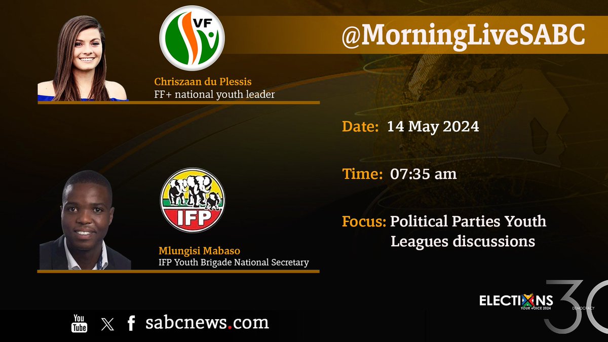 [Tomorrow]

We are still continuing with Youth Vote Discussions and we will be joined by @VFPlus national youth leader Chriszaan du Plessis and @IFP_National Youth Brigade National Secretary @mlungisi_baso.

Send the questions you want to ask them. 

#MorningLive
#SABCNews