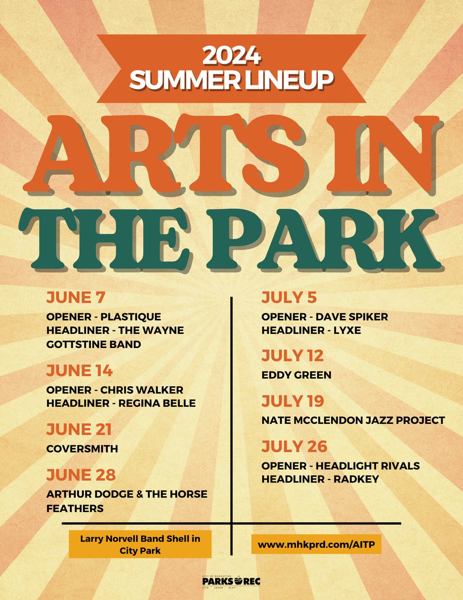 Get ready for a summer of music and fun at Arts in the Park! Our 2024 summer lineup is full of performances that you won't want to miss and there's something for everyone! Concerts are every Friday starting at 7:30 PM during June and July. Join us at City Park this summer.