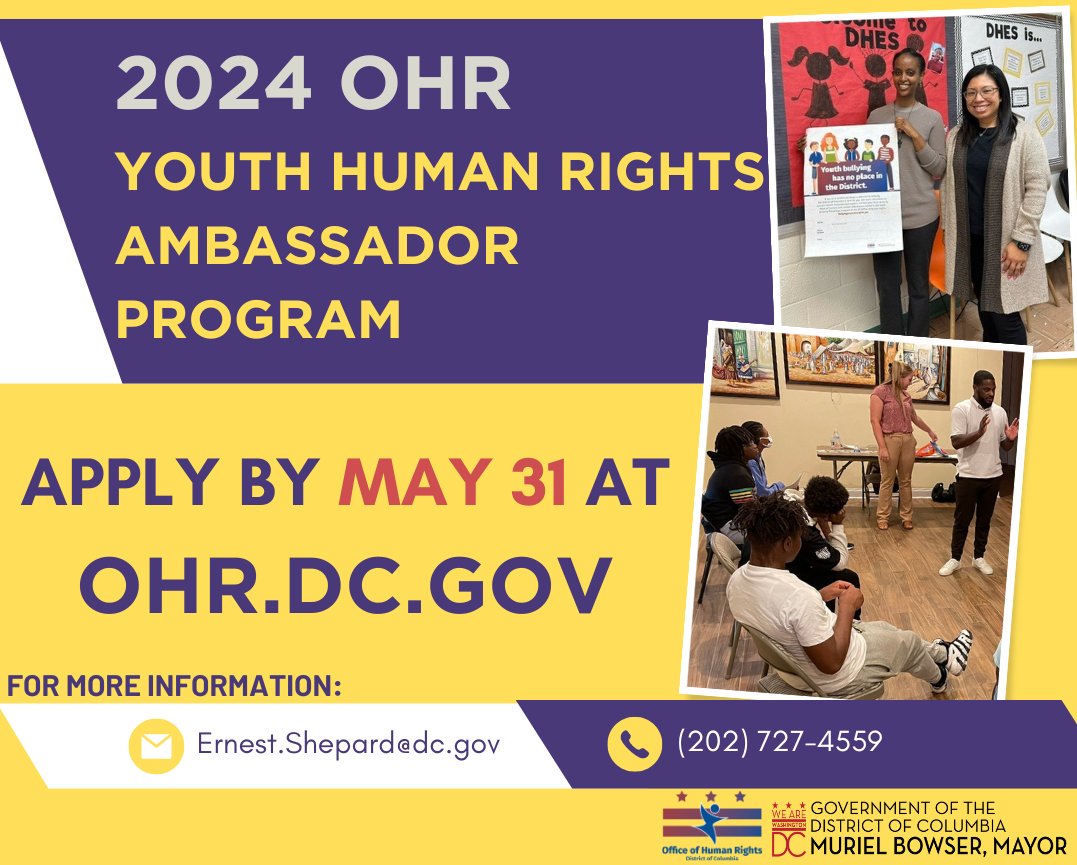 📣Our Youth Human Rights Ambassador Program application for high school students remains open until May 31. If you're eager to enhance your leadership skills and gain insights into the laws safeguarding youth, seize this chance! Explore more details at ohr.dc.gov!
