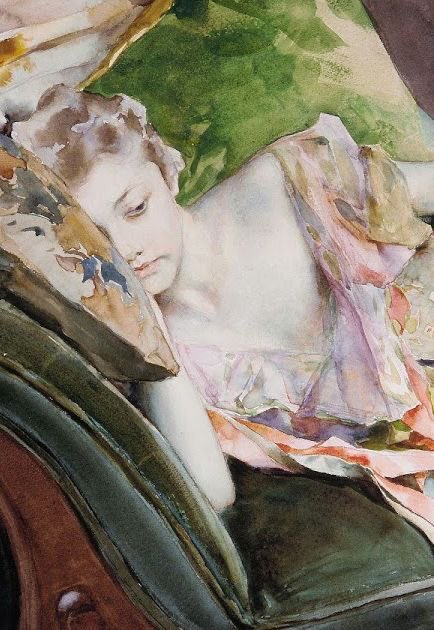 Joan Llimona  (1860 - 1926)  The Green Cushion, 1895, detail