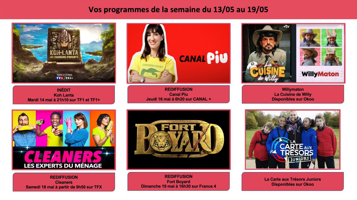 📅Cette semaine :
📿#KohLanta présentée par @DenisBrogniart sur @TF1 et @tf1plus
👗Canal Piu avec Piu Piu sur @canalplus
🧽#Cleaners sur @tfx
🗝️#FortBoyard sur France 4
🤢#lacuisinedewilly et #willymaton sur le site de @FranceTV
🧒👧#LCATjuniors sur @FranceTV avec @eouzan_maxine