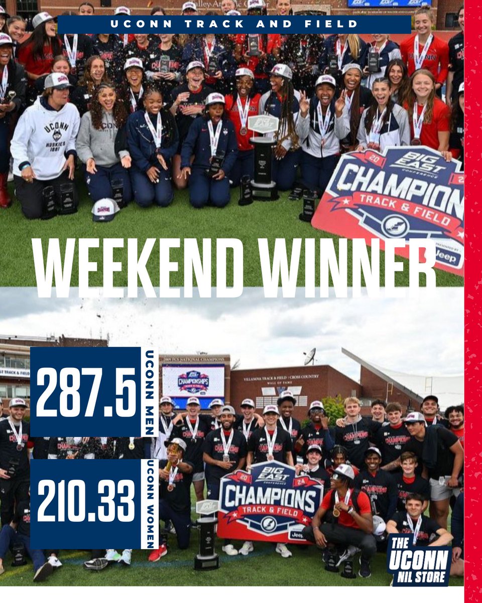 Congratulations to both the Men and Women’s @UConnTFXC for winning the 2024 Outdoor BIG EAST Championship 👏🏻 👏🏻 Show these athletes some support by shopping their individual locker rooms!: uconn.nil.store #uconn #uconntrackandfield