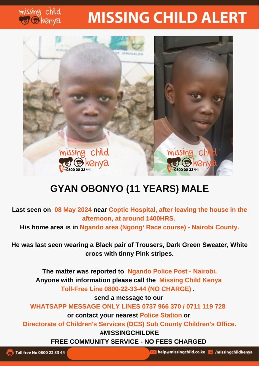 MISSING CHILD ALERT – NGANDO - NGONG RACECOURSE - NAIROBI  COUNTY. Gyan Obonyo  (11 yrs)  was last seen on 08/05/2024. Please share alert to help reunite him with family. Thanks. #MISSINGCHILDKE
@MTotoNews

@Ma3Route

@SokoAnalyst

@KenyanTraffic

@Tuko_co_ke