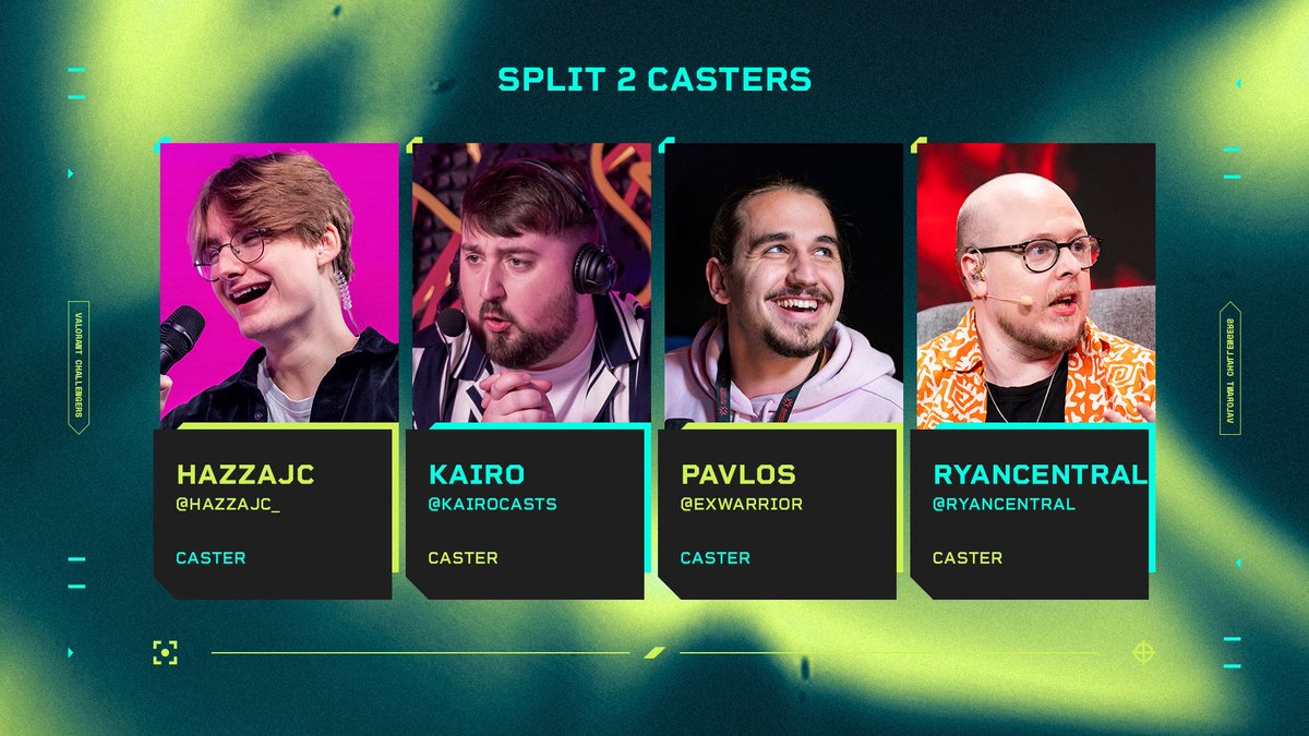 You know them, you love them and they're back to casting all the matches coming up in Split 2! 😍

🎙️ @HazzaJC_ 
🎙️ @KairoCasts 
🎙️ @ExWarrior_ 
🎙️ @RyanCentral 

#Pathfinders // #ChallengersEMEA