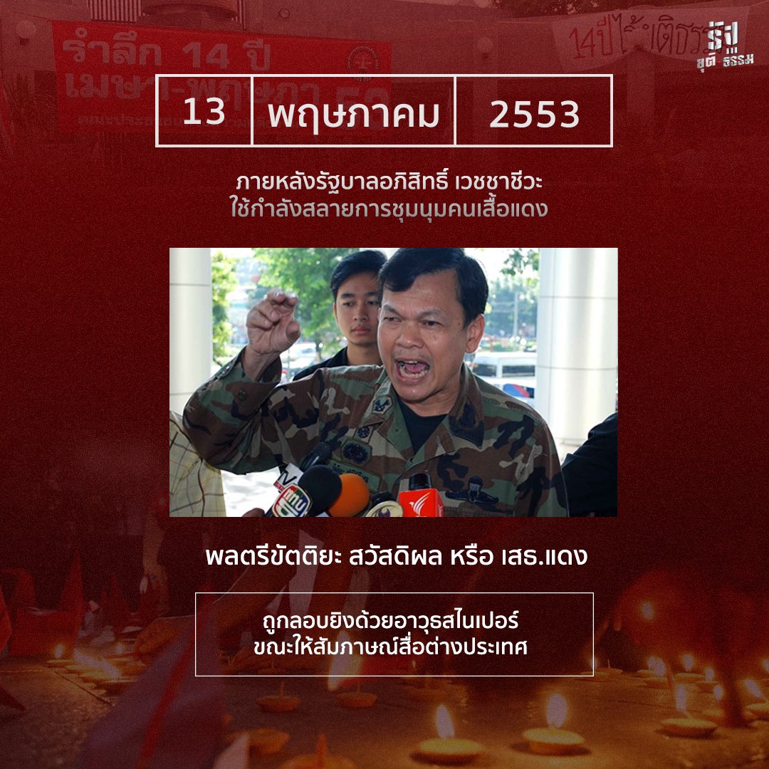13 พฤษภาคม 66 
รำลึก 14 ปี เสธ. แดง ทหารของประชาชน

วันที่ 13 พฤษภาคม 53 เสธ. แดง หรือ พลตรี ขัตติยะ สวัสดิผล ถูกลอบสังหารจนเสียชีวิตด้วยอาวุธปืนสไนเปอร์จากตึกสูง ขณะกำลังให้สัมภาษณ์สื่อมวลชน บริเวณแยกศาลาแดง

#14ปีเมษาพฤษภา53 #หยุดคุกคามประชาชน #เสื้อแดง