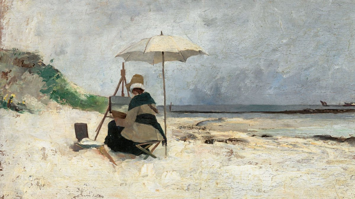 EMMA LÖWSTÄDT CHADWICK (1855 - 1932), 'Beach Parasol, Brittany (Portrait of Amanda Sidwall)', 1880. Private collection. #EmmaChadwick #Beach #AmandaSidwall #Brittany #artoftheday #art instagram.com/p/C66aCtuAl6K/