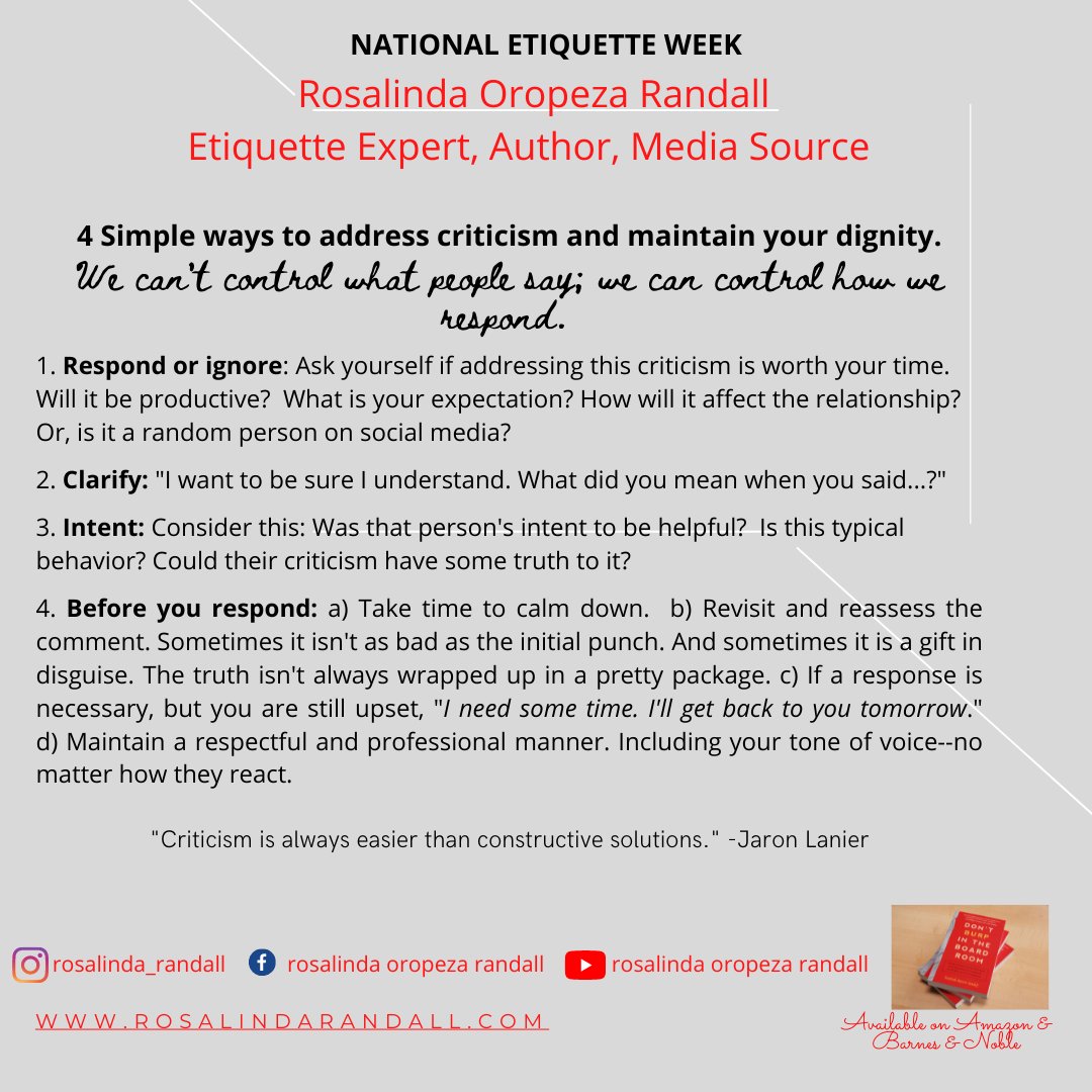 It's #NationalEtiquetteWeek - 4 Ways to Address Criticism #etiquetteexpert #askrosalinda #etiquettetraining #workplaceculture #communicationskills