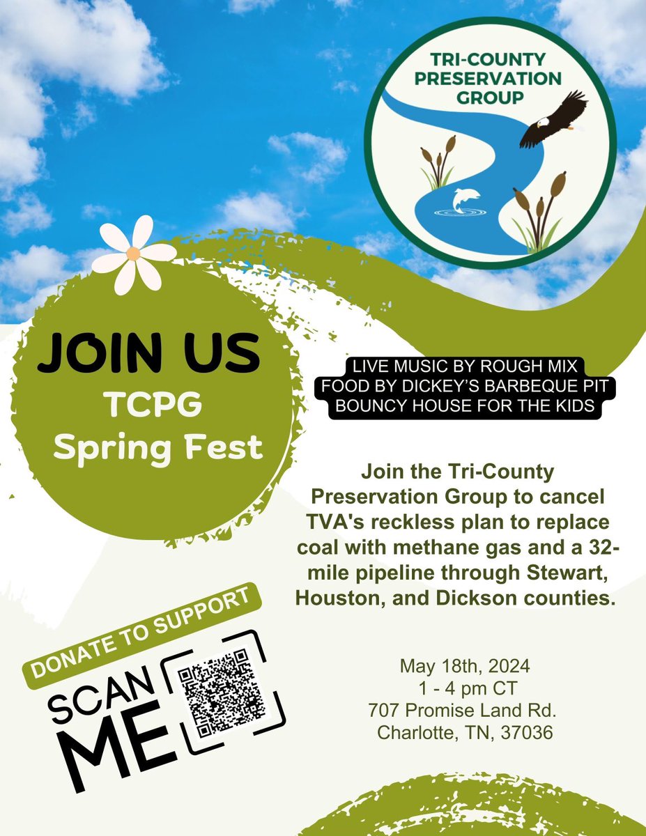 Do you want to help stop TVA’s gas buildout? Then come out to the Tri-County Preservation Group’s Spring Fest this weekend! 🗓Saturday, May 18 ⏰1-4pm CT 📍707 Promise Land Rd. Charlotte, TN #CleanUpTVATour