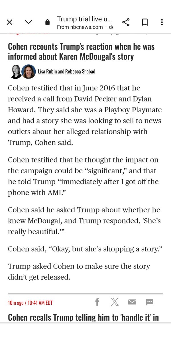 👉David Pecker Dylan Howard called Cohen in 2016 re: Karen McDougal 👉Cohen said he asked Trump about whether he knew Karen 👉Trump responded, 'She’s really beautiful” 👉Cohen said, “Okay, but she’s shopping a story” 👉Trump asked Cohen to make sure the story didn’t get released.