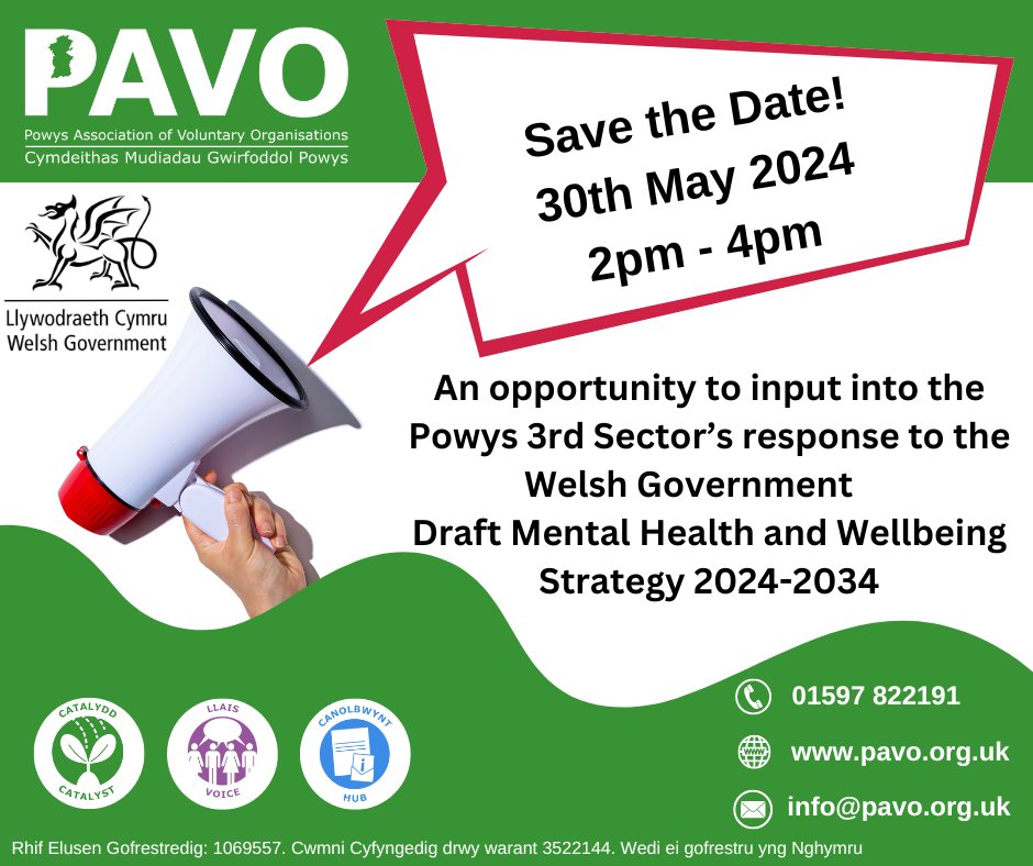 An opportunity to input into the Powys 3rd Sector's response to the Welsh Government Draft Mental Health & Wellbeing Strategy 2024-2034. 30th May 2024, 2 - 4pm. #MentalHealth #Powys #MidWales #Engagement #PatientVoice @PAVOtweets