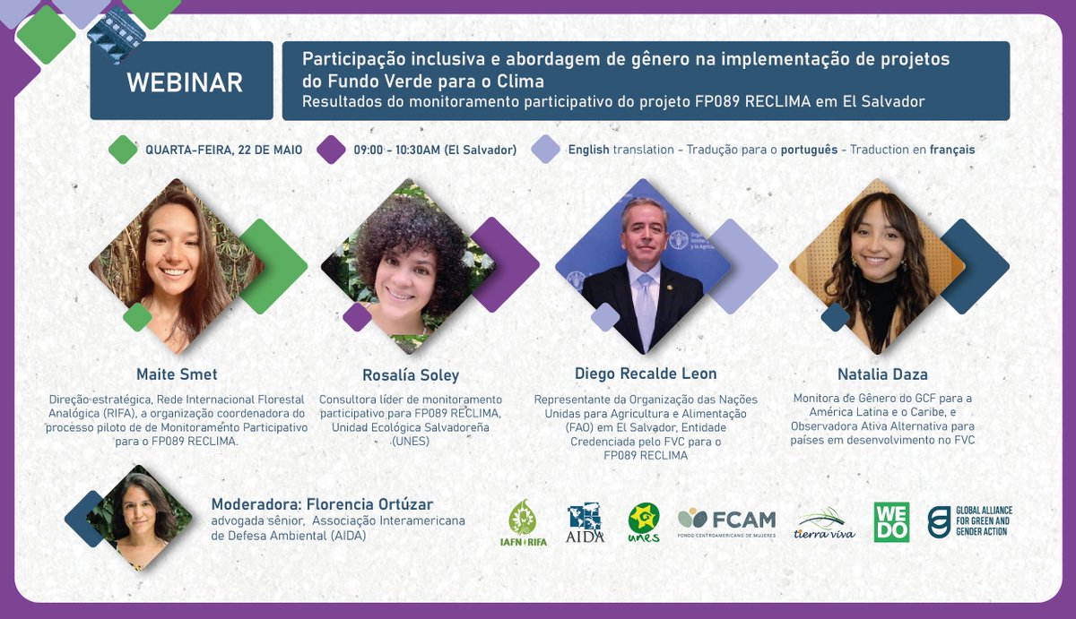 🟢Participación inclusiva y enfoque de género en la implementación de proyectos financiados por el Fondo Verde del Clima - Resultados del Monitoreo Participativo del proyecto FP089 RECLIMA en El Salvador 📍22 de mayo, 9:00-10:30 AM 📝 Regístrate aquí bit.ly/3yf8uNw