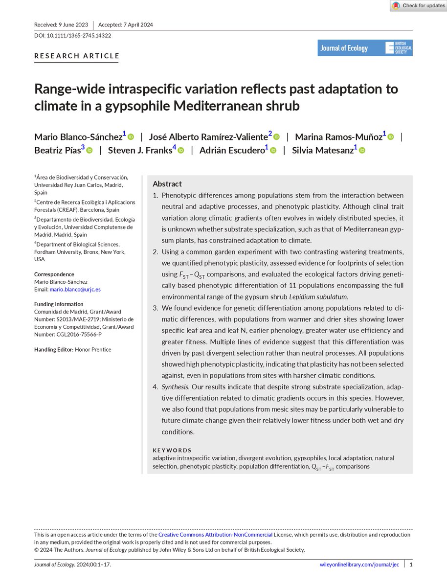 Enhorabuena al #biodiverso <a href="/MBlanco_Sanchez/">Mario Blanco Sánchez</a> por el artículo recién publicado en <a href="/JEcology/">Journal of Ecology</a> "Range-wide intraspecific variation reflects past adaptation to climate in a gypsophile Mediterranean shrub" <a href="/URJCcientifica/">URJCcientifica</a>  besjournals.onlinelibrary.wiley.com/doi/epdf/10.11…