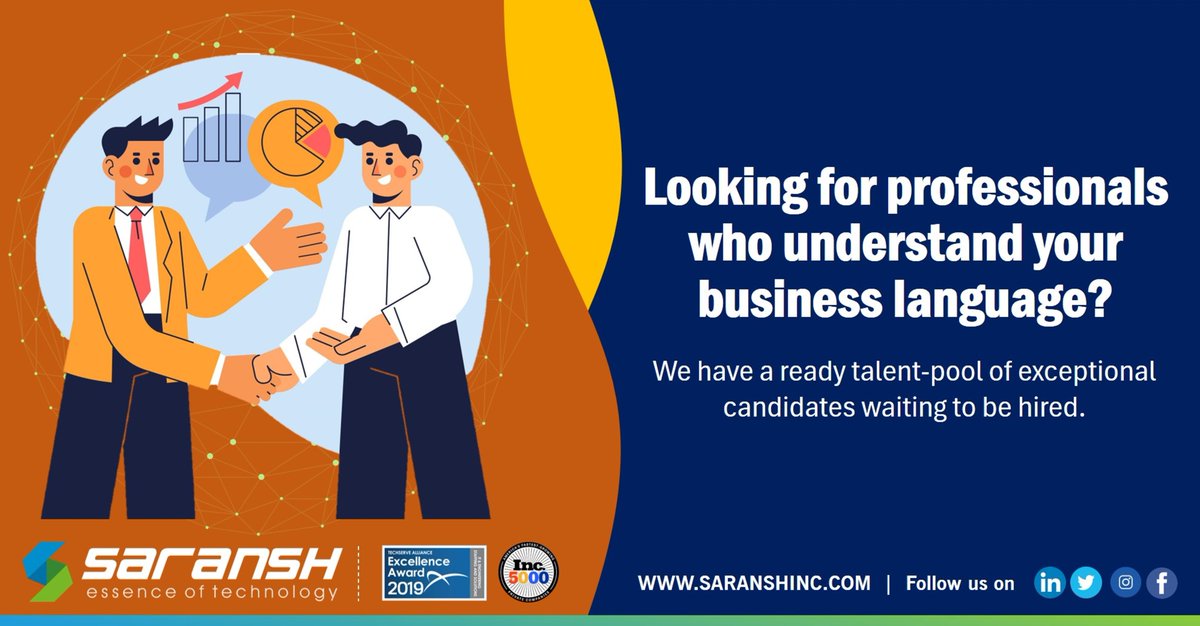 A successful business is made of great minds coming together. Find your team with us. 

Know about our staffing services, by writing to us at info@saranshinc.com
.
.
#staffing #jobs #recruitment #talentacquisition #softwarejobs #itjobs #techjobs #recruiter #saranshinc #india #usa