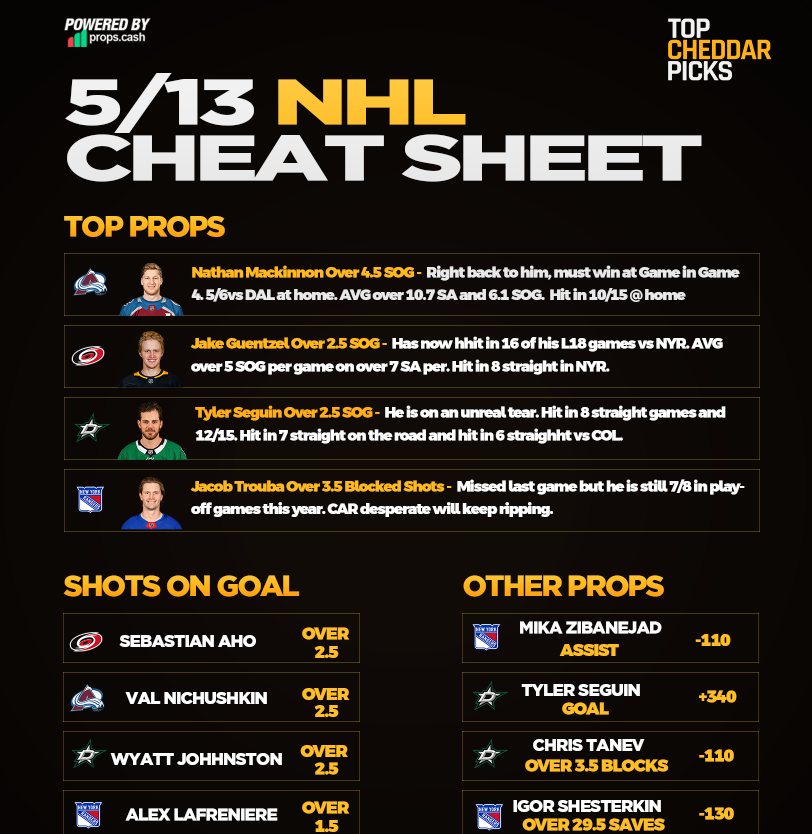 5/13 NHL Cheat Sheet - Powered by @propsdotcash 🏒🥅 It just looks perfect, which is what I said 2 days ago and then didnt have a fun time. 90% of these guys owe us coin. RTs and Likes Appreciated - $100 Giveaway PER sheet sweep. #NHLPicks #GamblingX