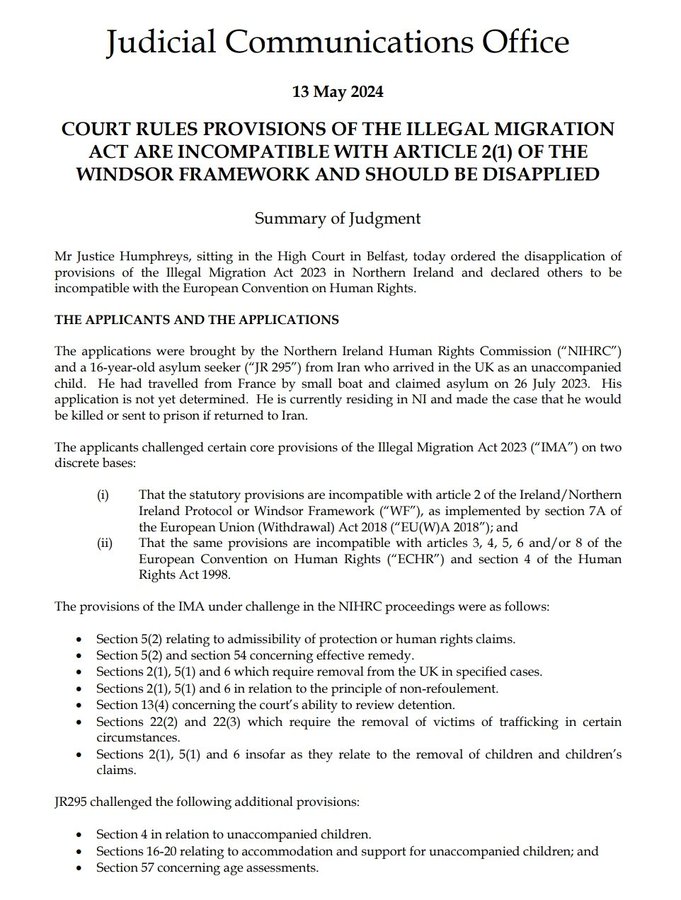 Significant judgment from NI Irish High Ct. Ct finds on trafficking in persons, there was a diminution of rights, failure to protect rt to non-refoulement, failures of assistance /protection to victims. @UN_SPExperts Joint Comm 2023 to UK on #IMA at: shorturl.at/cilpv