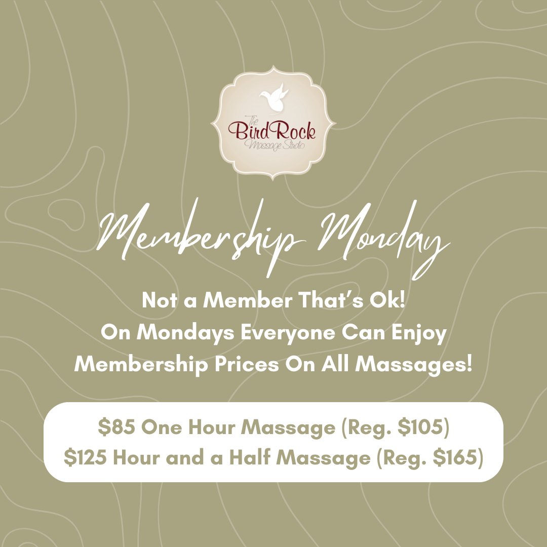 Whether you're a member or not, everyone can enjoy exclusive membership perks on massages on Mondays🤩 Visit our website to see how you can save on regular massages today!

thebirdrockmassagestudio.com/membership/

#happymonday #regularmassage #massagedeals #holistichealth #birdrockmassage