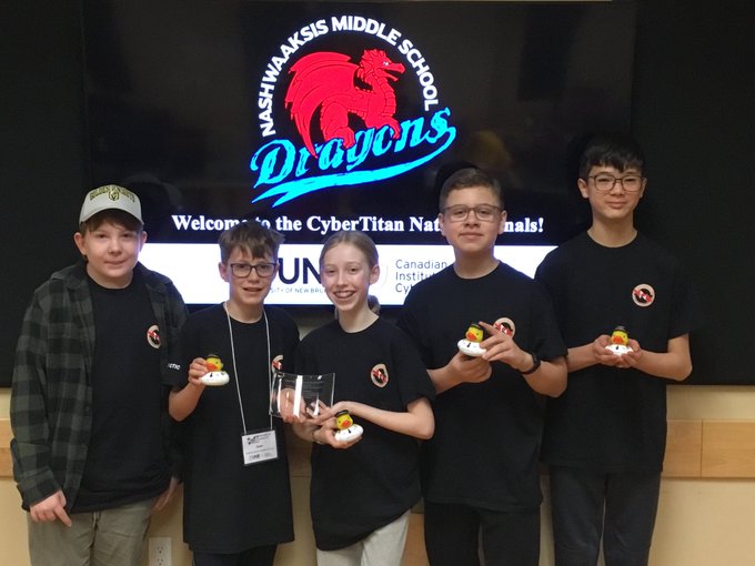 The overall results for CyberTitan VII have just been announced!  NMS 'Firewall Fighters' secured an impressive 2nd place finished in the Middle School division.  Congratulations to Owen Chambers, Zach Bangay, Morgan Weatherhead, Kyle Dick, Simon Jamer. @cic_unb @ASD_West @NBCOE