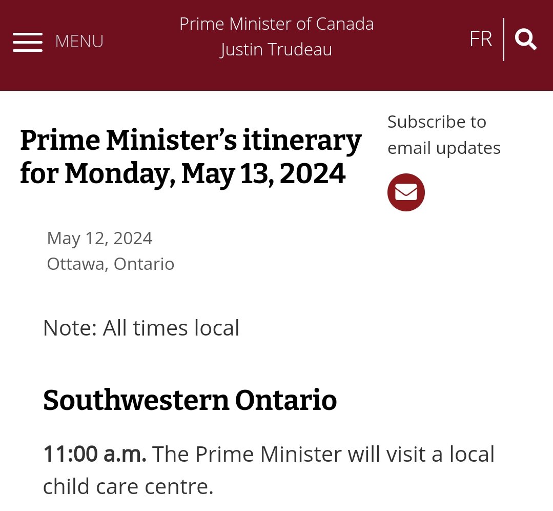 Today, I'm visiting a child care centre in Southwestern Ontario. That's a big place, but I won't be any more specific until the cameras actually roll. I've destroyed the lives of so many Canadians, I can't afford to tell anyone where I'm actually going or they'll show up with