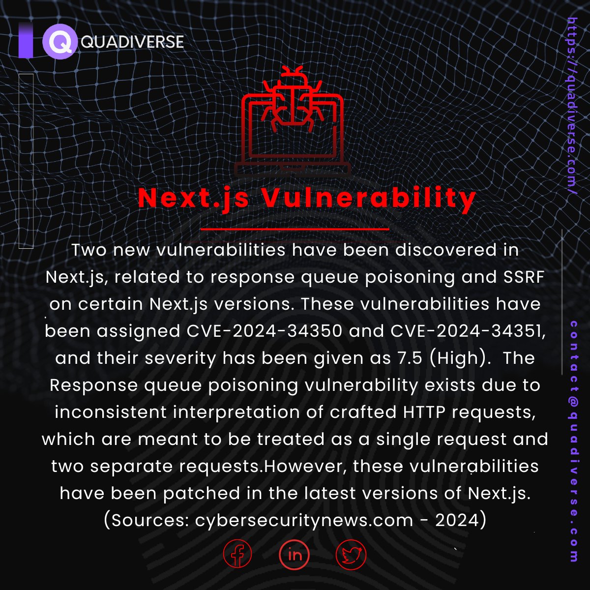 Visit us at: quadiverse.com
.
.
#quadiverse #softwareupdates #securityalerts #cybersecurity #SoftwareTesting #qa #quadiverse #automation #qualityassurance #Tech #vulnerable #bugs #bugfree #defects #vulnerbilities