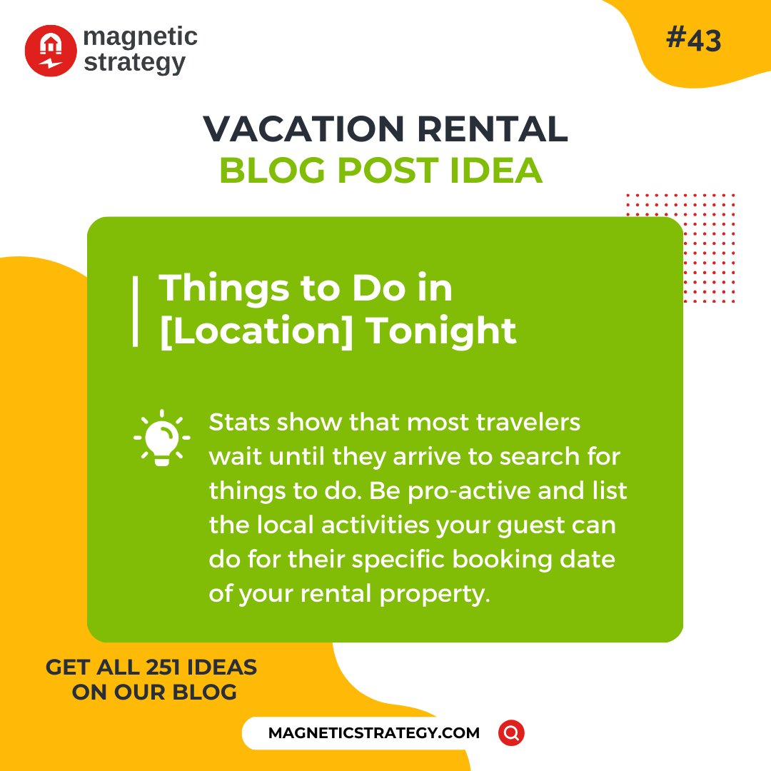 Stats show that most travelers wait until they arrive to search for things to do. Be proactive and list the local activities nearby.

#vacationrentals #vacationrentalmanagers #vrm #shorttermrentals #propertymanagers #propertymanagement #blogging #contentideas