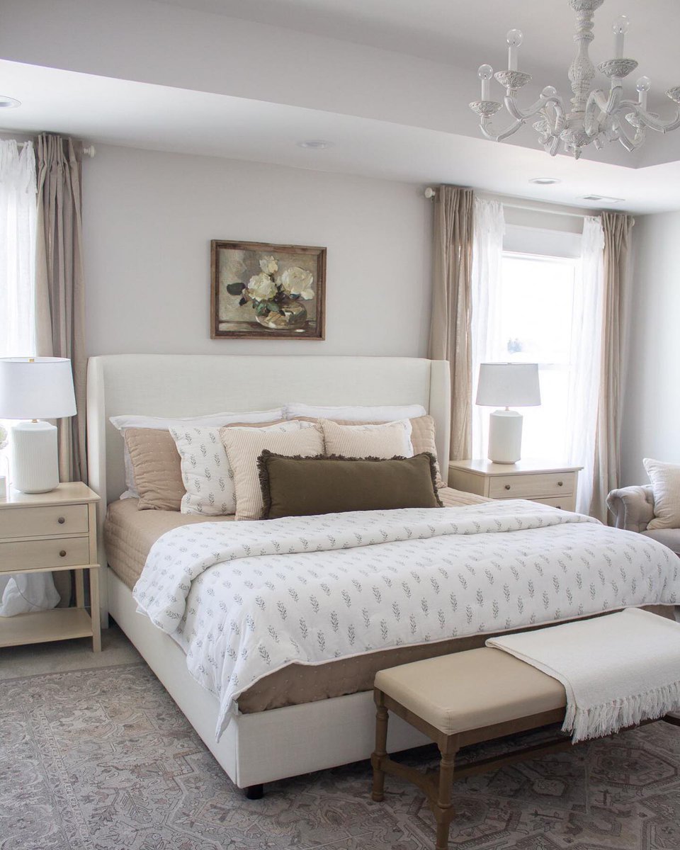 Light, bright, and airy☁️ We love this master bedroom by <a href="/handmade/">HEIRLOOM UNITED</a>.farmhouse #myrcwilleyhome #bedroominspo #bedroominterior #bedroomdesign #bedroomgoals #bedroomdecor #bedroomstyling