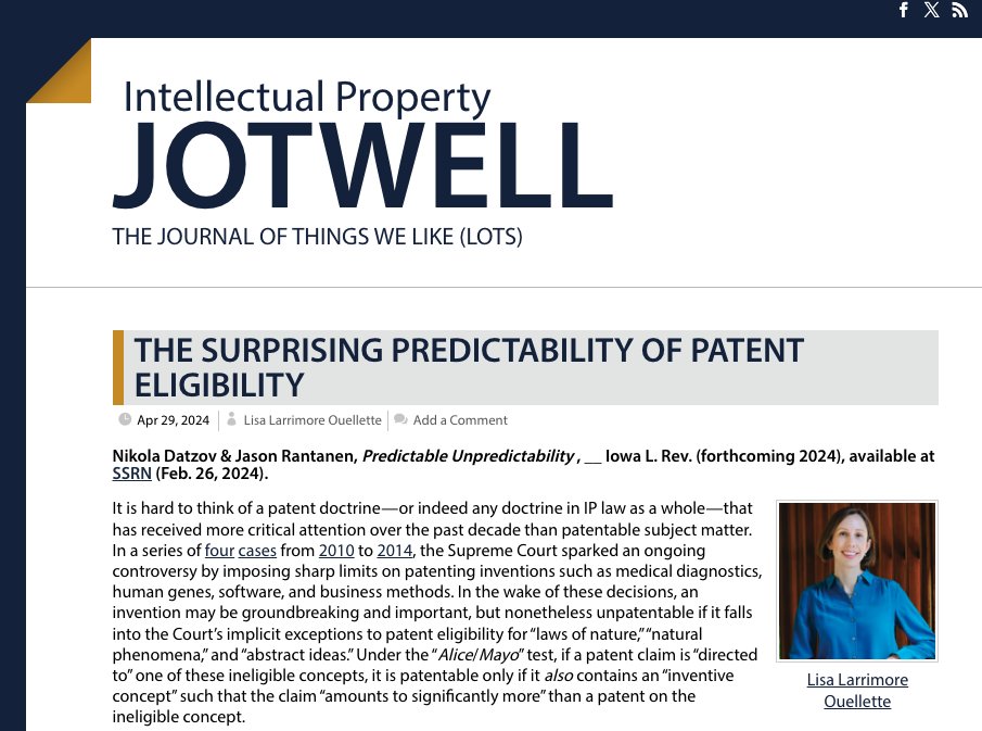 A forthcoming article in the @IowaLawReview, The Predictable Unpredictability written by @IowaPatentLaw and co-author Nikola Datzov, was recently reviewed by @PatentScholar in @IReadJotwell. ➡️ ip.jotwell.com/the-surprising…