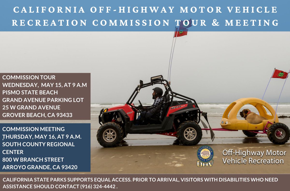 WEDNESDAY! For those joining the @CAStateParksOHV Commission tour of Pismo SB and Oceano SVRA, we’ll see you at 9AM sharp! The Commission meeting is Thursday, May 16, at 9AM in Arroyo Grande. More information is available at parks.ca.gov/PublicNotices.