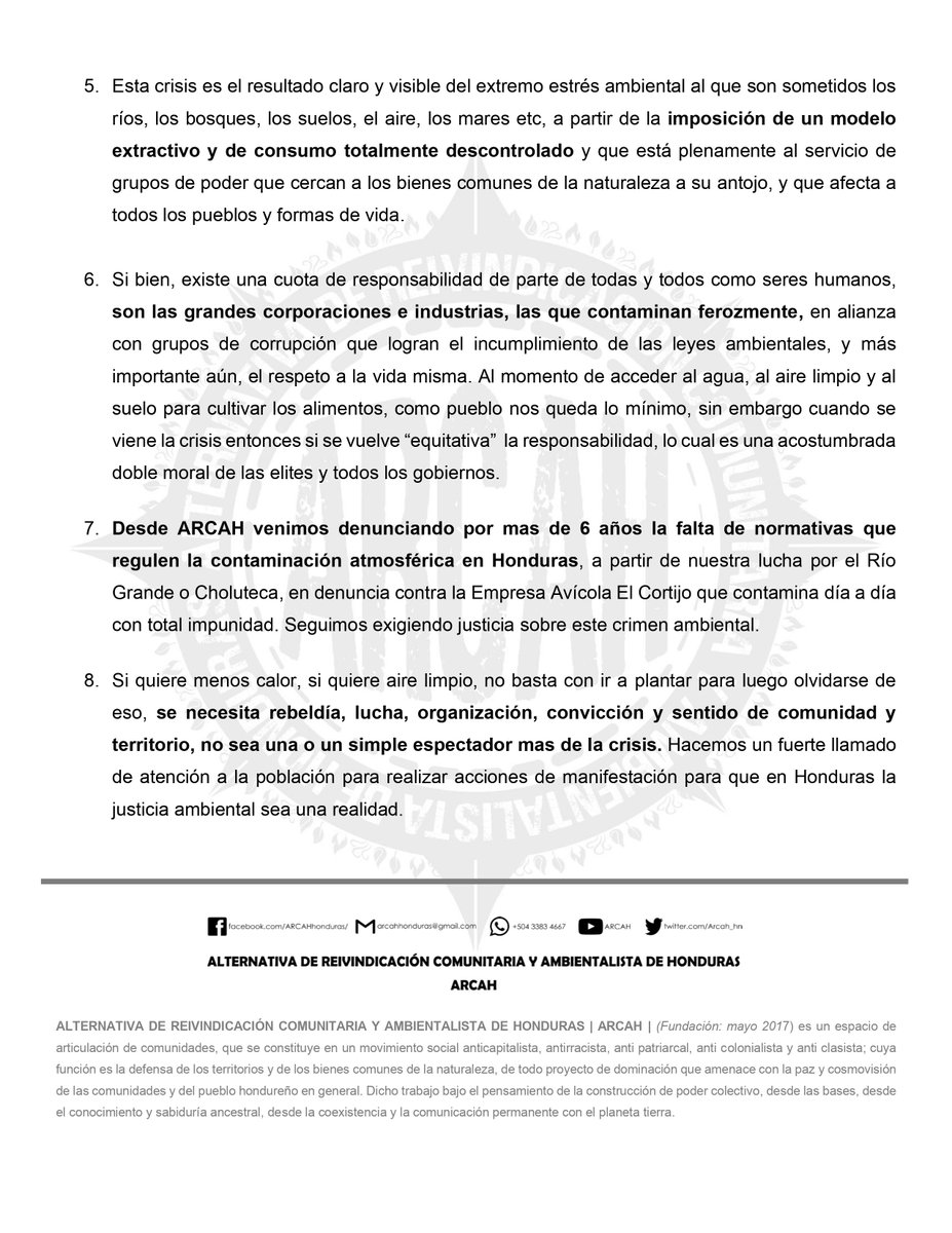 📢COMUNICADO | Sobre la urgente situación de contaminación atmosférica actual en Honduras.