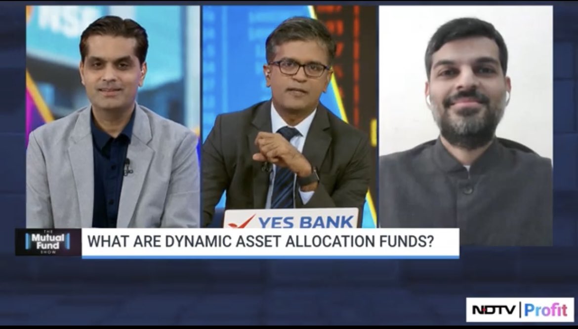 Today on @NDTVProfit channel @Mohit_Gang, @_nirajshah & I discussed various parameters of Dynamic Asset Allocation / Balanced Advantage Funds & why these products are in a sweet spot today Doing this show with my dear friend Mohit was special Link - youtu.be/FOV-GFUyqjQ?si…