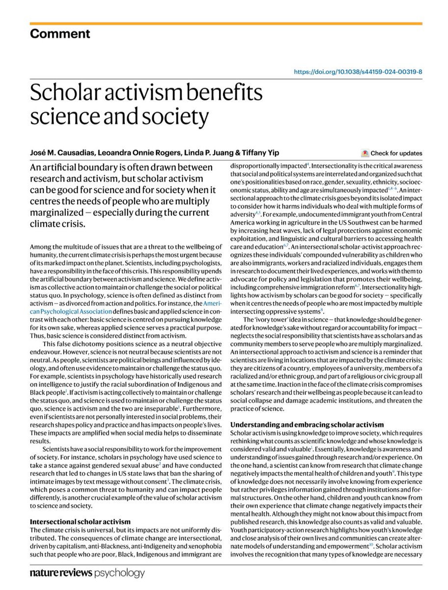 Happy to share our new article @NatRevPsych: “Scholar activism benefits science and society” A real privilege to work on this project with Drs. @OnnieRogers @LindaJuang and Tiffany Yip! #science #psychology #activism Read it here: nature.com/articles/s4415…