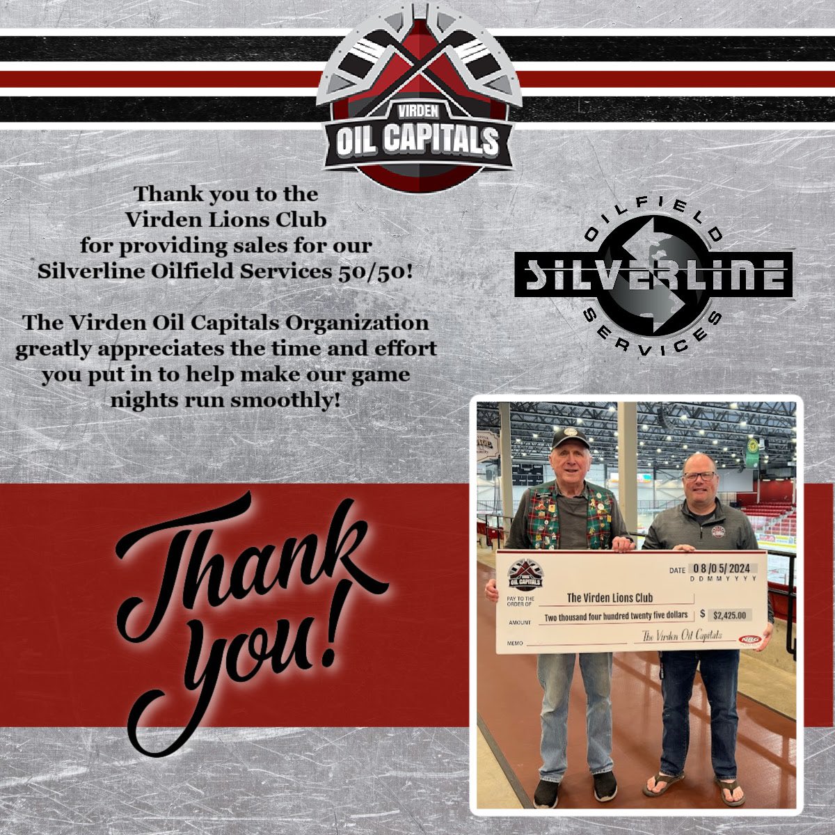 The Virden Oil Capitals would like to thank the Virden Lions Club for selling Silverline Oilfield Services 50/50 at our home games. 

We greatly appreciate your dedication to our community and all the work you do!