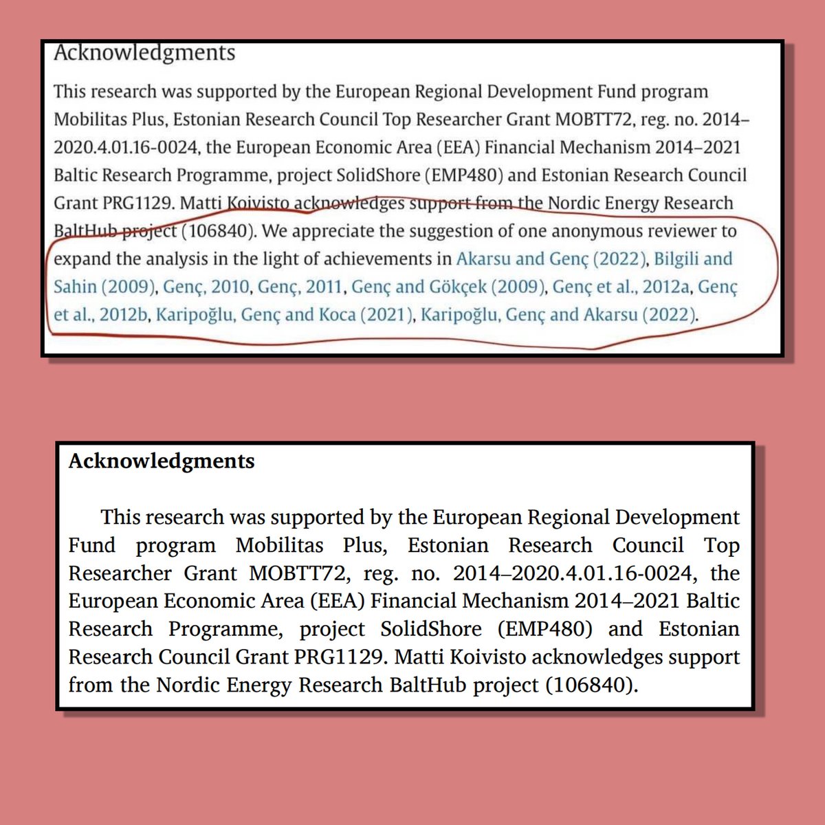 . Has an erratum been issued for this paper, or is there some other explanation why the acknowledgement section has been changed? The top image has been doing the rounds lately. We have just looked at the latest version of the paper and part of the acknowledgement has