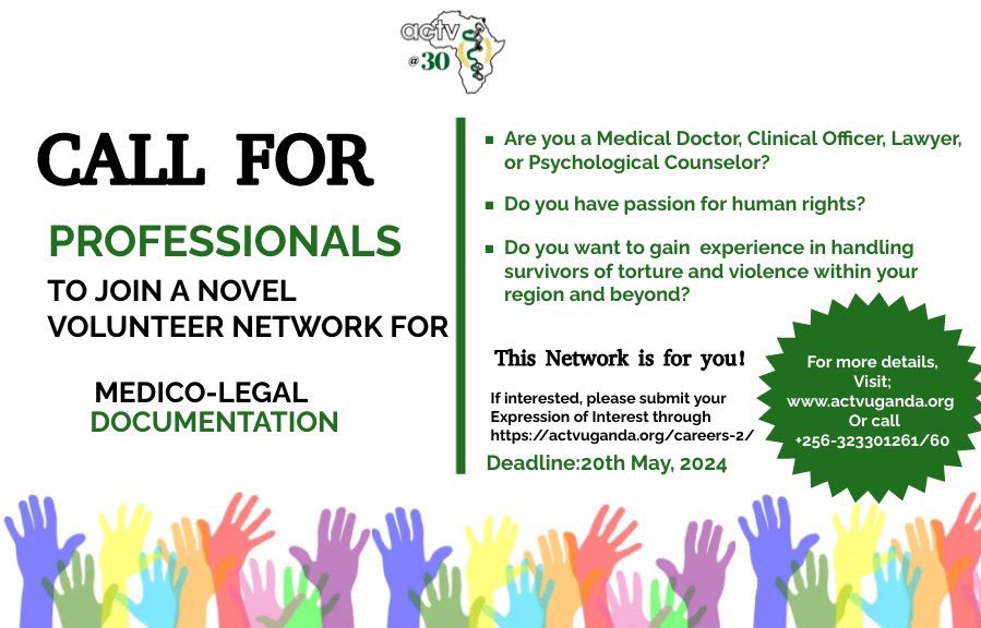 RE-ADVERTISED🚨 Are you passionate about human rights? Apply for our upcoming training on medico legal documentation &be part of the network to empower survivors of torture. Apply Now▶️ actvuganda.org/careers-2/ Deadline| May 20th,2024 For more call +256323301261 #StopTorture