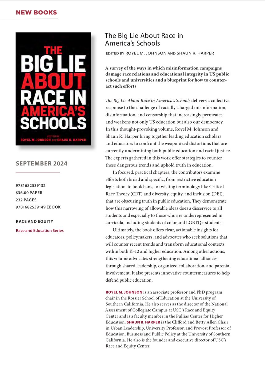 My book with @DrShaunHarper is dropping this Fall. So many amazing contributions in this volume cc: @TyroneCHoward @AdriannaKezar @ant_duran @freireson @falopeziglesias @JustinAColesPhD @jtgphd @jcbridgeforth @JaleelRHoward and more @USCPullias @USCRaceEquity @USCRossier