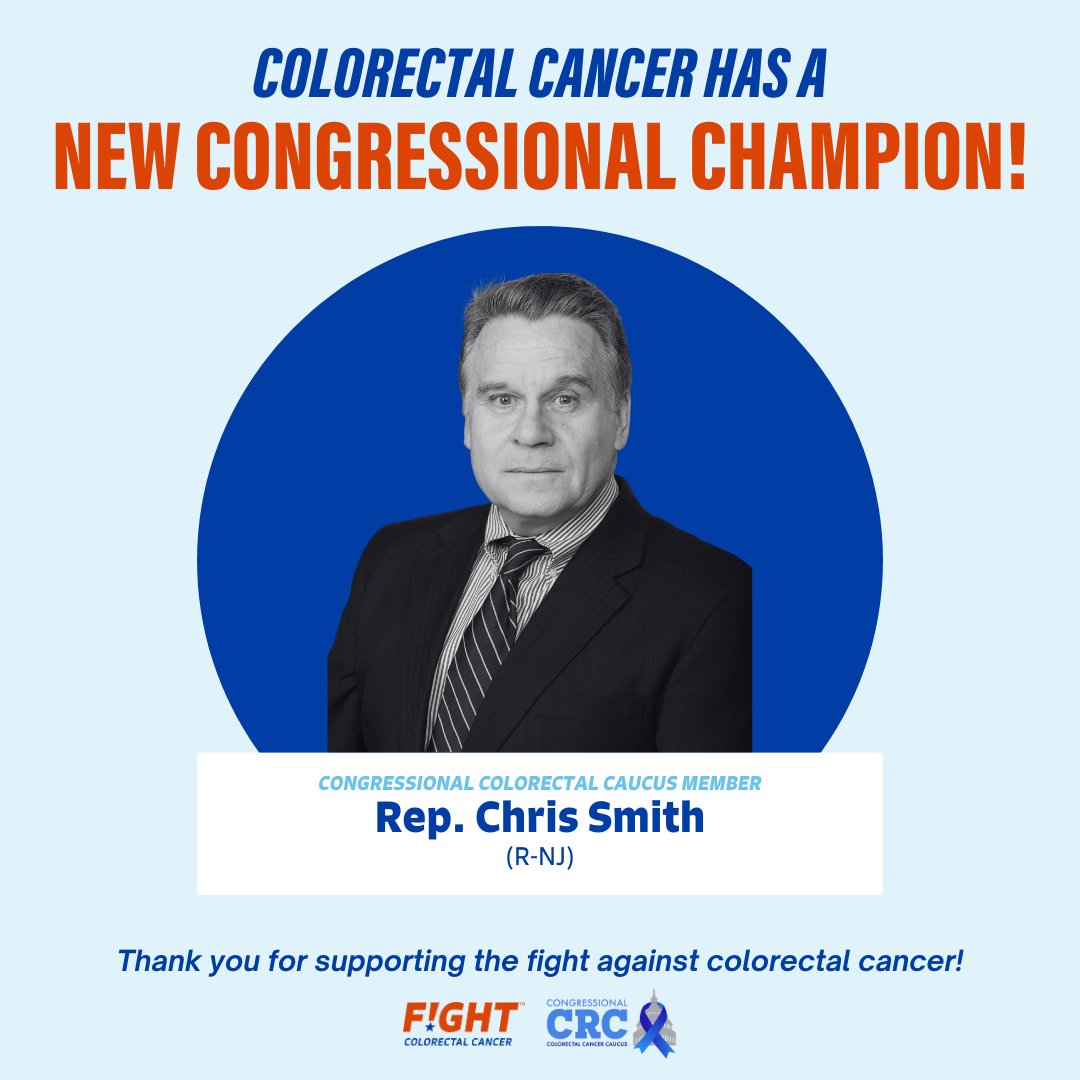 The Congressional #ColorectalCancer Caucus welcomes Representative Chris Smith as a #RelentlessChampion in the fight against #ColorectalCancer! Ask your member to join him: fightcolorectalcancer.org/advocacy/actio…