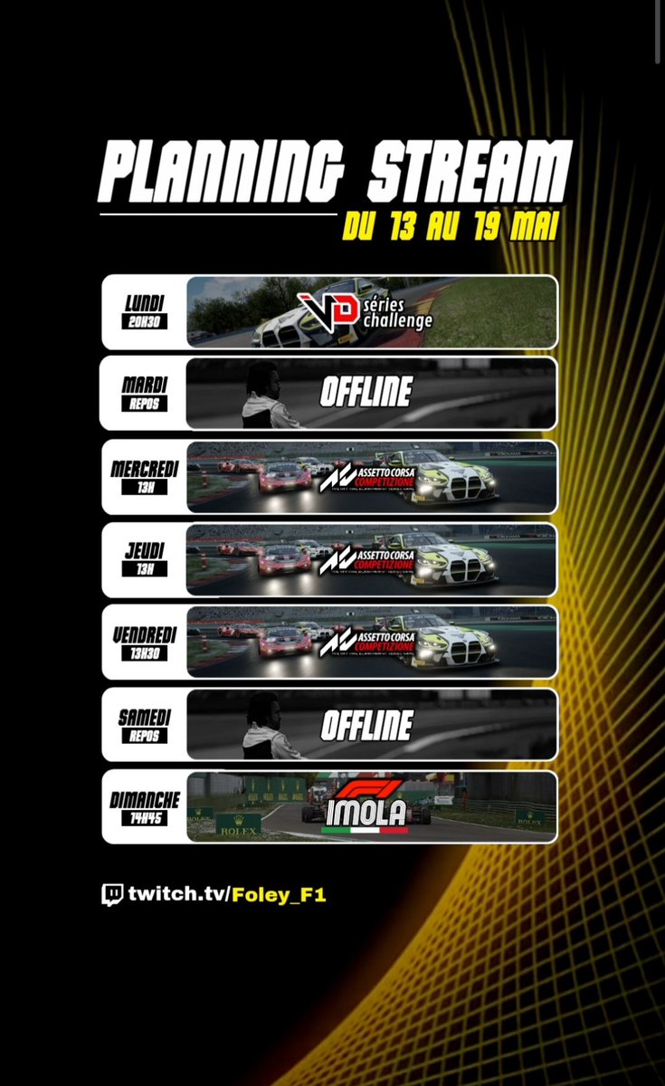 Foley_F1's tweet image. Le planning de la semaine les amis avec dès ce soir la 2e manche des @VictoryDrift séries challenge sur COTA 🇺🇸 !
Une semaine bien cool sur ACC avec dimanche le GP d'Imola tous ensemble !

Bonne semaine à tous les amis ! 😘