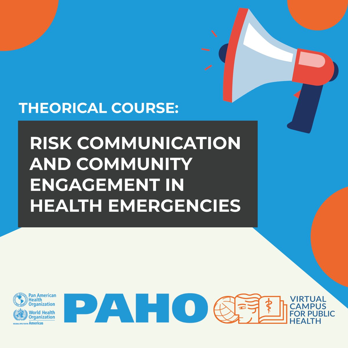 📌𝗡𝗼𝘄 𝗮𝘃𝗮𝗶𝗹𝗮𝗯𝗹𝗲 𝗶𝗻 𝗘𝗻𝗴𝗹𝗶𝘀𝗵! This self-paced course lays the groundwork for understanding the importance of risk communication in responding to health emergencies by applying strategies that empower communities. Register: campus.paho.org/en/course/risk…