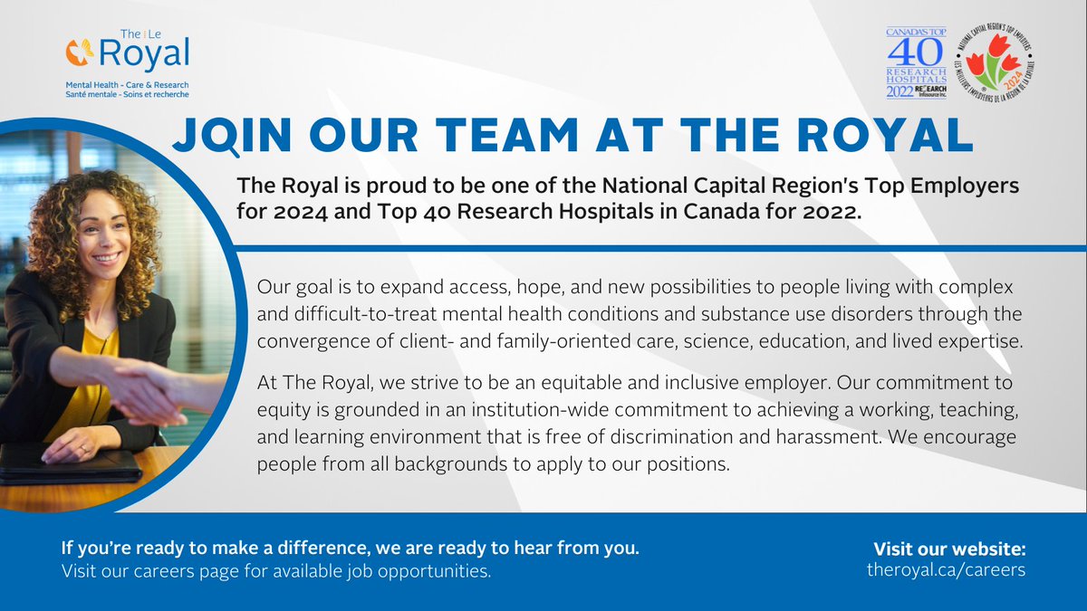 🔍 Discover new career opportunities at The Royal! 

Join our team and be a part of expanding access, hope, and new possibilities in mental health care. 🧠 🏥

📋 Learn more about exciting job openings at theroyal.ca/careers. 

#JoinTheRoyal #MentalHealthCare