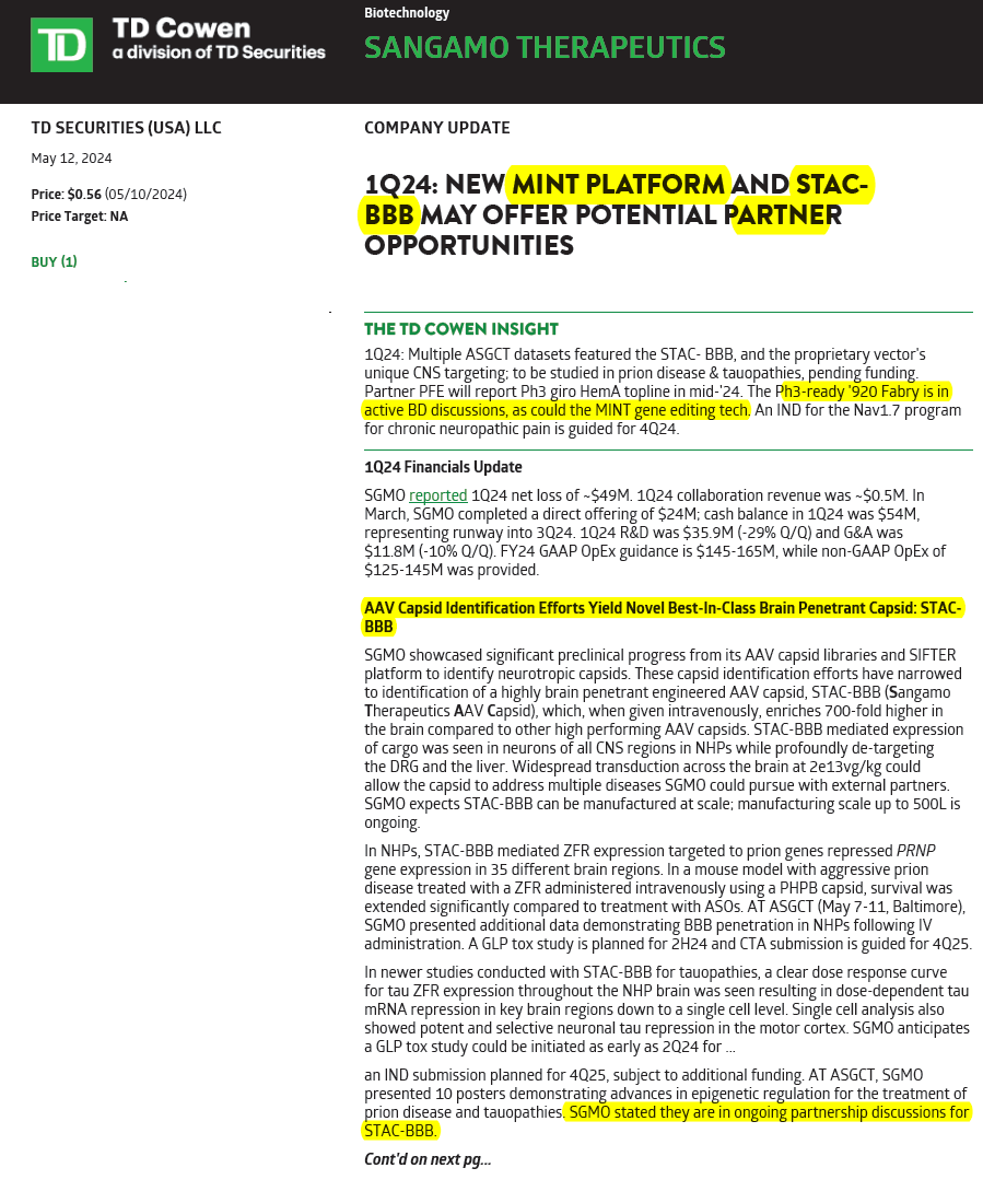 BiotechAnalysst's tweet photo. TD COWEN: $SGMO NEW #MINT PLATFORM AND #STACBBB MAY OFFER POTENTIAL #PARTNER
OPPORTUNITIES
AAV Capsid Identification Efforts Yield Novel #Best-In-Class Brain Penetrant Capsid: STACBBB
(byebye $VYGR)
Ph3-ready #Fabry is in
active #BD discussions as could MINT gene editing tech https://t.co/IPyJmQUWPX